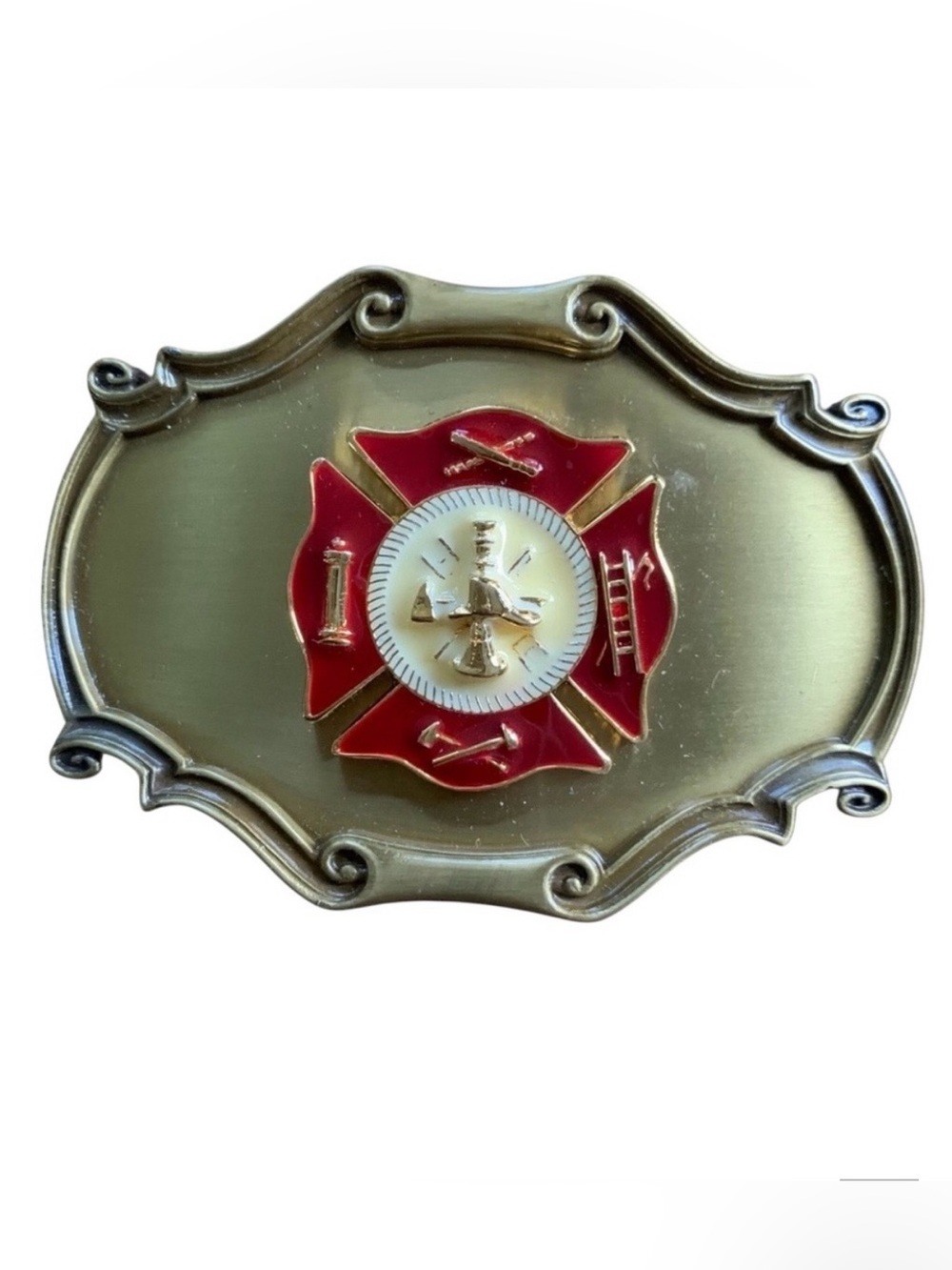 Vintage 70s Fire Department Brass Belt Buckle Raintree Made in USA Firefighter